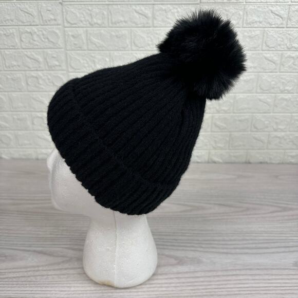 Hat Attack Acrylic Pom Pom Winter Beanie Hat Faux Fur Lined Ribbed Knit Black - Picture 5 of 11